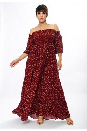 Vestido Longo Ciganinha Estampado Bordô