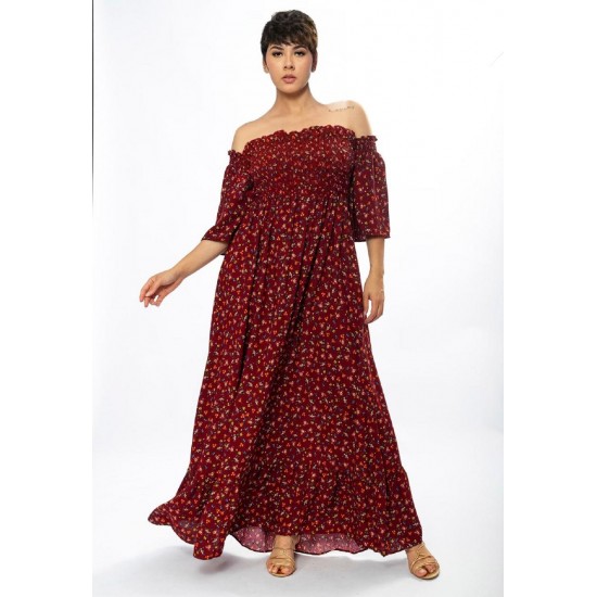 Vestido Longo Ciganinha Estampado Bordô