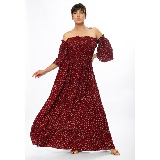 Vestido Longo Ciganinha Estampado Bordô