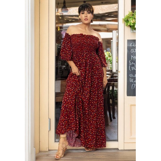 Vestido Longo Ciganinha Estampado Bordô