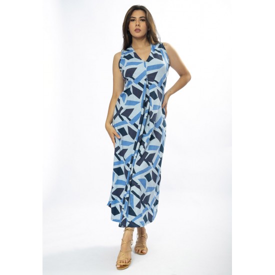 Vestido Longo Acará Malha Estampa Caminhos de Azul
