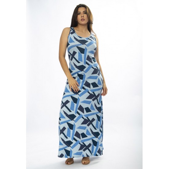 Vestido Longo Butiá Malha Regata Estampa Caminhos de Azul