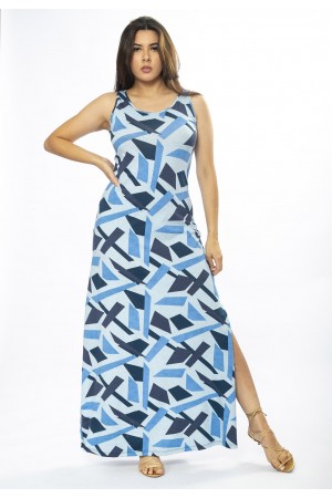 Vestido Longo Butiá Malha Regata Estampa Caminhos de Azul