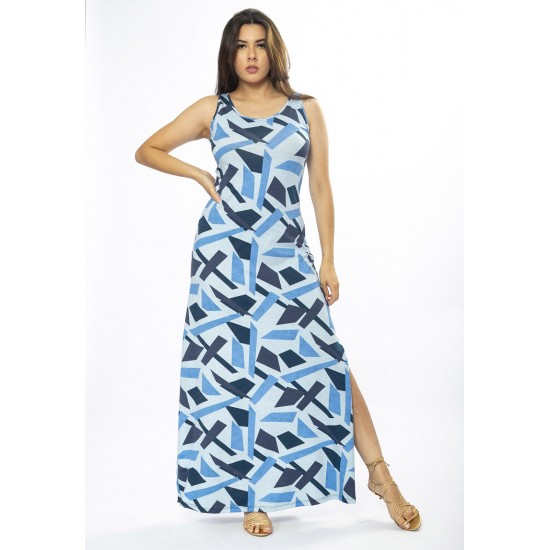 Vestido Longo Butiá Malha Regata Estampa Caminhos de Azul