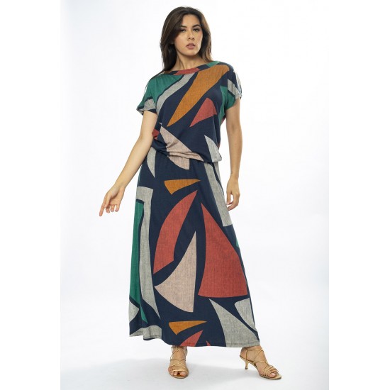 Vestido Longo Morcego Malha Estampa Geometrias do Tempo