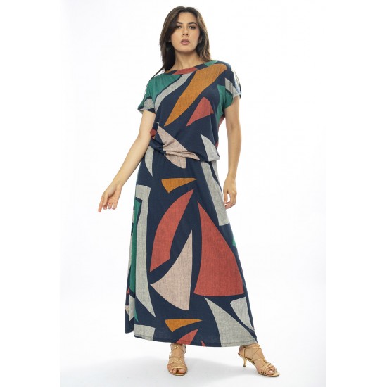 Vestido Longo Morcego Malha Estampa Geometrias do Tempo
