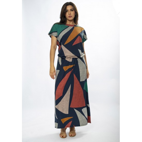 Vestido Longo Morcego Malha Estampa Geometrias do Tempo