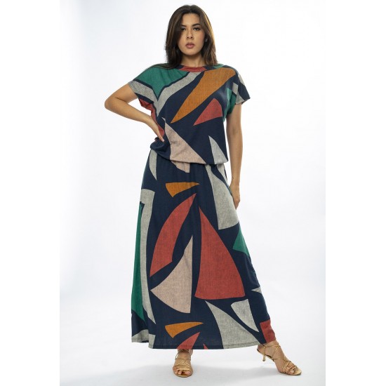 Vestido Longo Morcego Malha Estampa Geometrias do Tempo