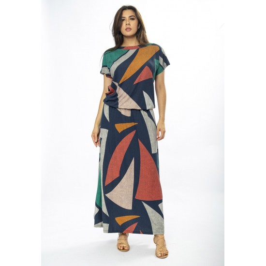 Vestido Longo Morcego Malha Estampa Geometrias do Tempo