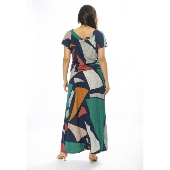 Vestido Longo Morcego Malha Estampa Geometrias do Tempo