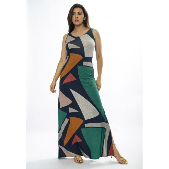 Vestido Longo Butiá Malha Regata Estampa Geometrias do Tempo