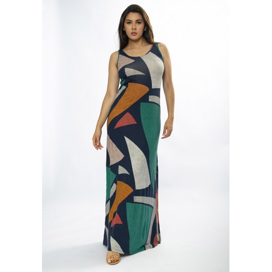 Vestido Longo Butiá Malha Regata Estampa Geometrias do Tempo