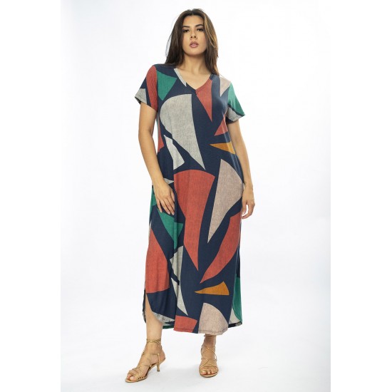 Vestido Midi Abapã Malha com Bolso Estampa Geometrias do Tempo