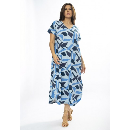 Vestido Midi Abapã Malha com Bolso Estampa Caminhos de Azul
