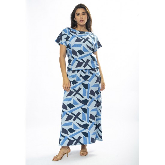 Vestido Longo Morcego Malha Estampa Caminhos de Azul