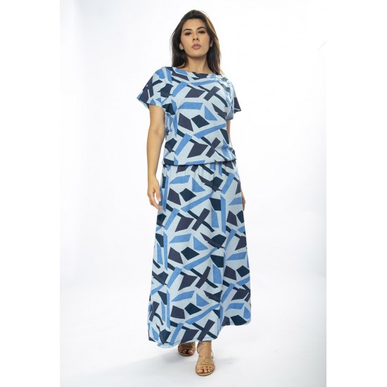 Vestido Longo Morcego Malha Estampa Caminhos de Azul
