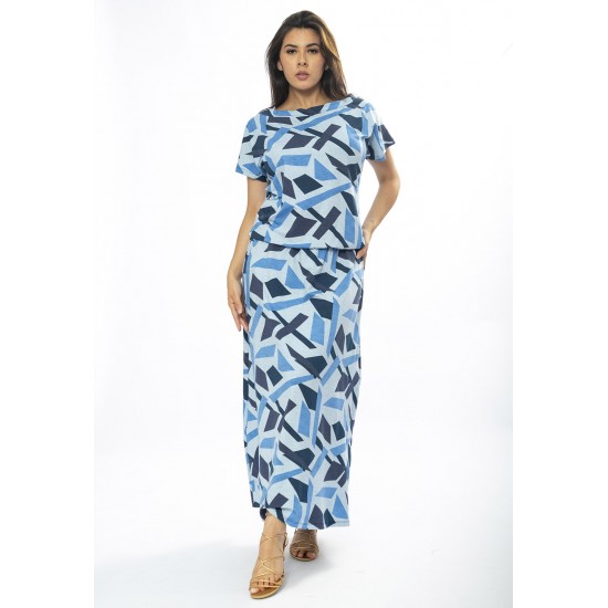 Vestido Longo Morcego Malha Estampa Caminhos de Azul
