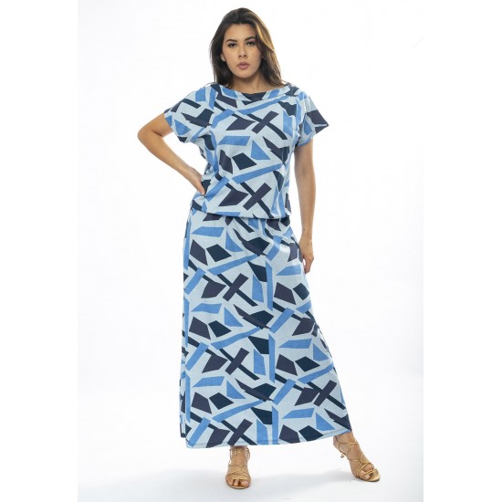Vestido Longo Morcego Malha Estampa Caminhos de Azul