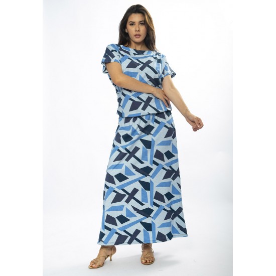 Vestido Longo Morcego Malha Estampa Caminhos de Azul