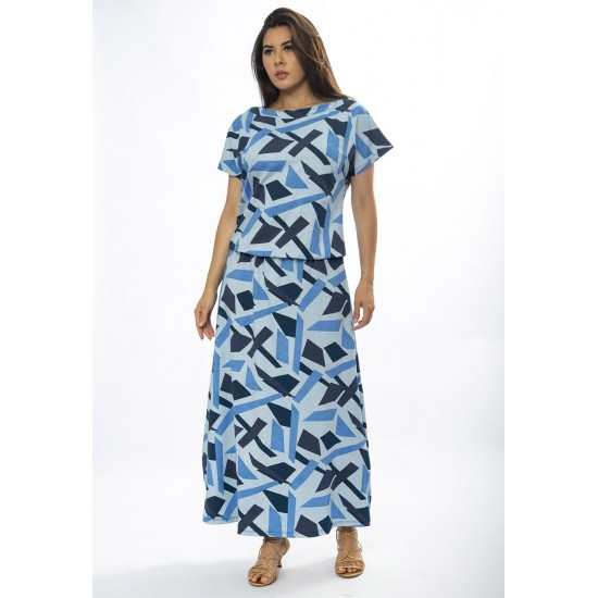 Vestido Longo Morcego Malha Estampa Caminhos de Azul