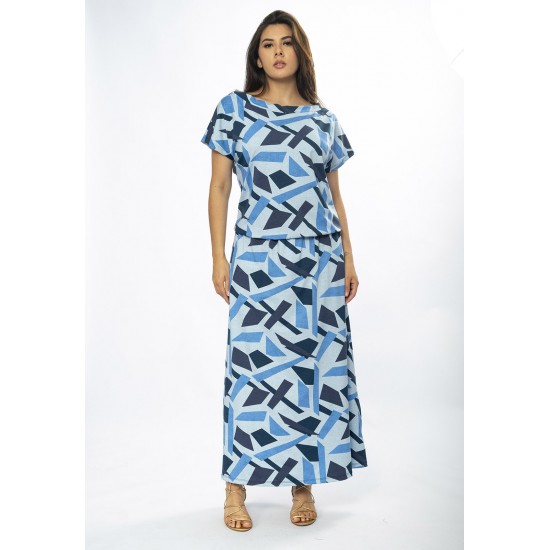 Vestido Longo Morcego Malha Estampa Caminhos de Azul