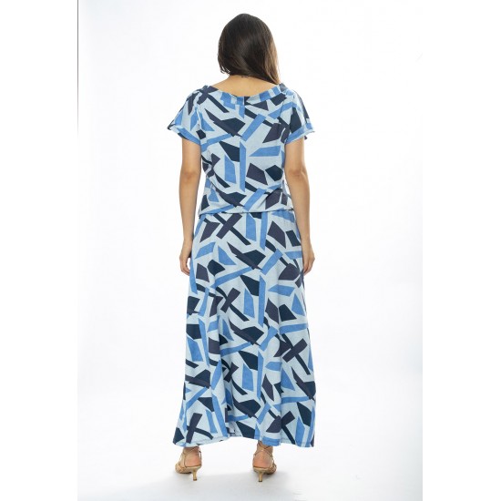 Vestido Longo Morcego Malha Estampa Caminhos de Azul