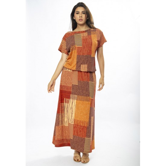 Vestido Longo Morcego Malha Estampa Tramas do Sol