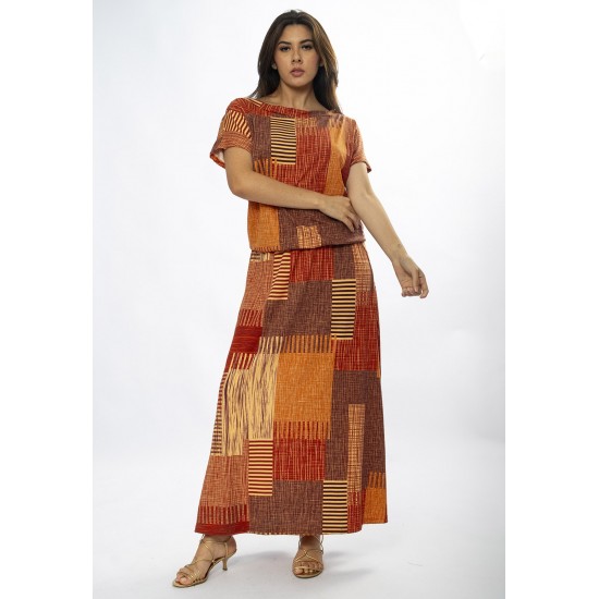 Vestido Longo Morcego Malha Estampa Tramas do Sol