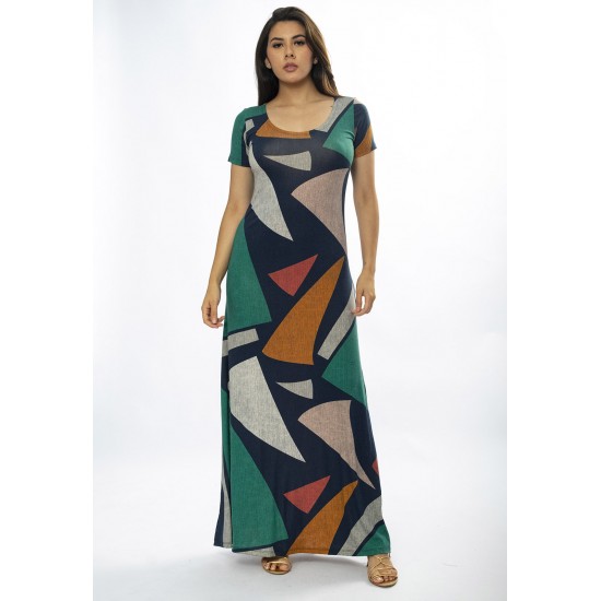 Vestido Longo Malha Gola Canoa Manga Curta Geometrias do Tempo