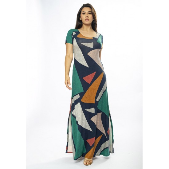 Vestido Longo Malha Gola Canoa Manga Curta Geometrias do Tempo