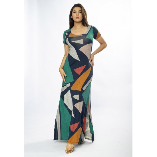 Vestido Longo Malha Gola Canoa Manga Curta Geometrias do Tempo