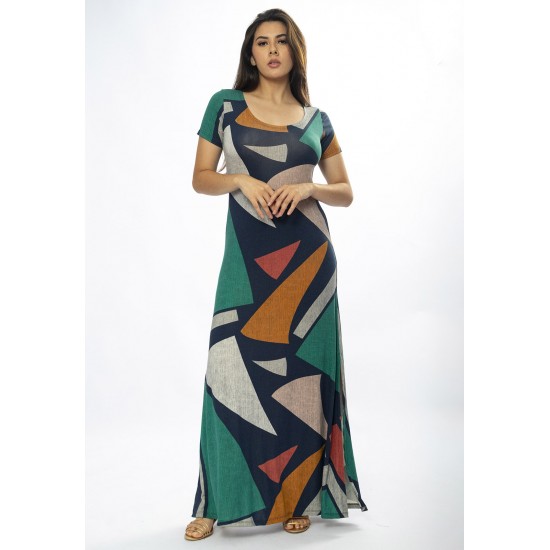 Vestido Longo Malha Gola Canoa Manga Curta Geometrias do Tempo