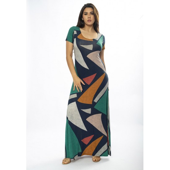 Vestido Longo Malha Gola Canoa Manga Curta Geometrias do Tempo