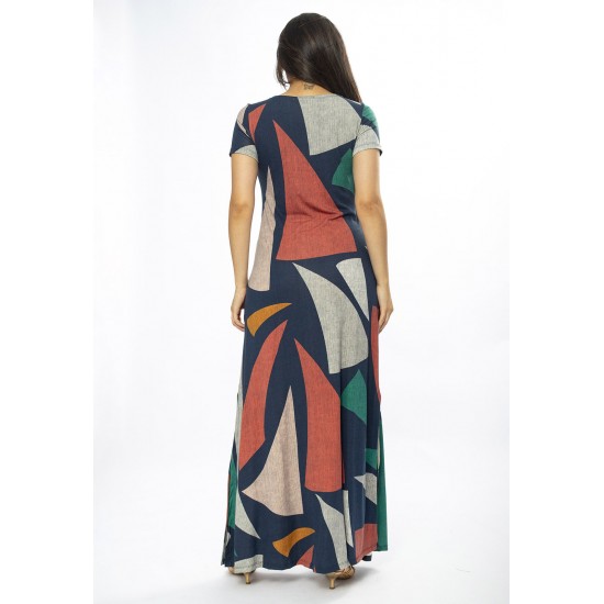 Vestido Longo Malha Gola Canoa Manga Curta Geometrias do Tempo