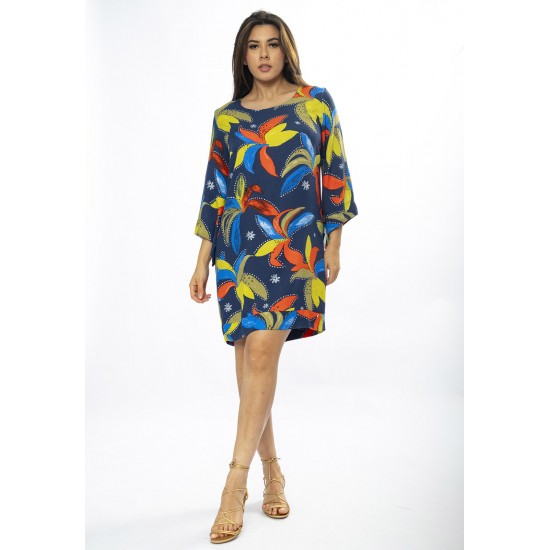 Vestido Curto Viscose Balli Manga Ampla Estampa Maré Vibrante