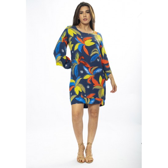 Vestido Curto Viscose Balli Manga Ampla Estampa Maré Vibrante