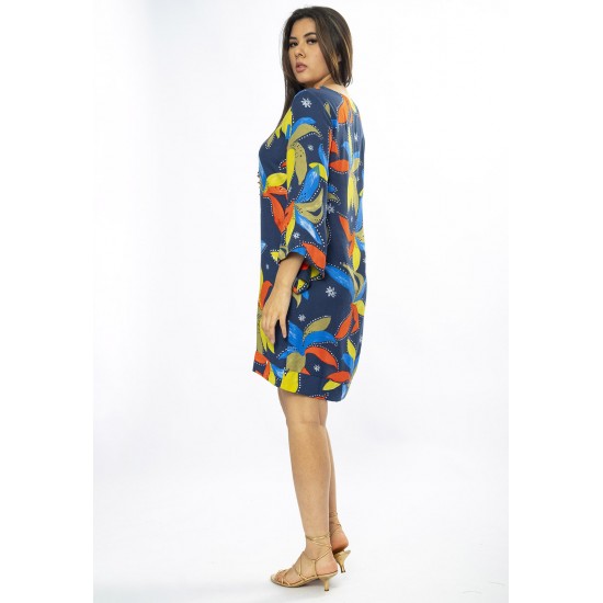 Vestido Curto Viscose Balli Manga Ampla Estampa Maré Vibrante
