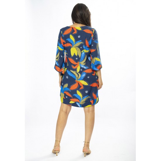 Vestido Curto Viscose Balli Manga Ampla Estampa Maré Vibrante