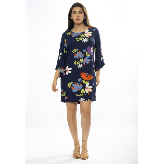 Vestido Curto Viscose Balli Manga Ampla Estampa Festa das Flores Azul