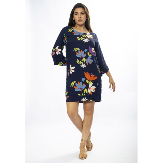Vestido Curto Viscose Balli Manga Ampla Estampa Festa das Flores Azul