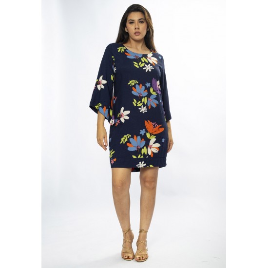 Vestido Curto Viscose Balli Manga Ampla Estampa Festa das Flores Azul