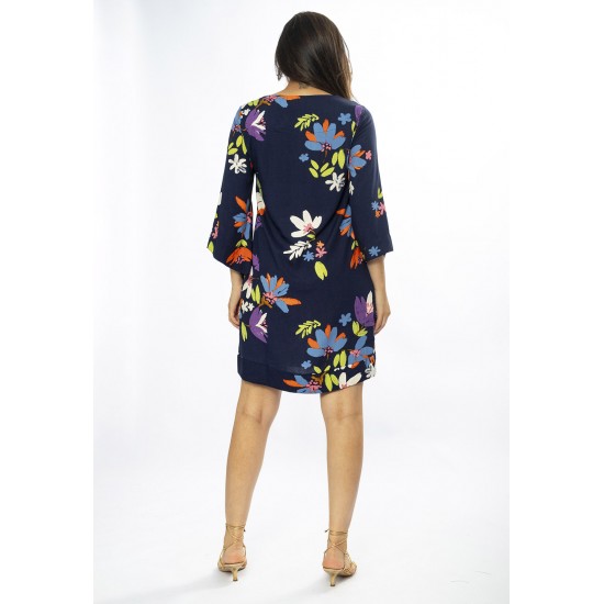 Vestido Curto Viscose Balli Manga Ampla Estampa Festa das Flores Azul