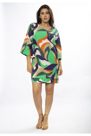 Vestido Curto Viscose Balli Manga Ampla Estampa Brisa do Mar