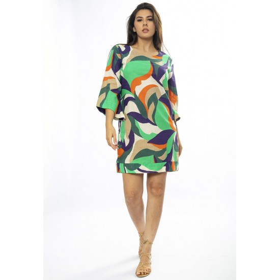 Vestido Curto Viscose Balli Manga Ampla Estampa Brisa do Mar