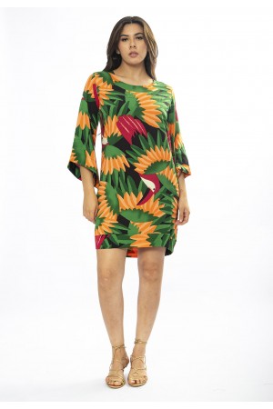 Vestido Curto Viscose Balli Manga Ampla Estampa Festas dos Tucanos