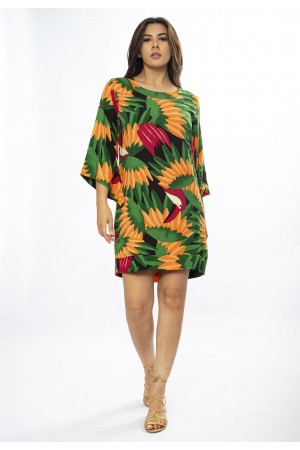Vestido Curto Viscose Balli Manga Ampla Estampa Festas dos Tucanos