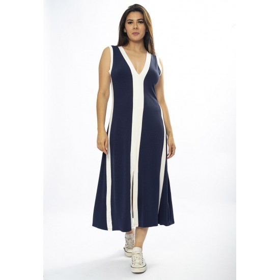 Vestido Midi Fenda Frontal Color Block Azul Marinho