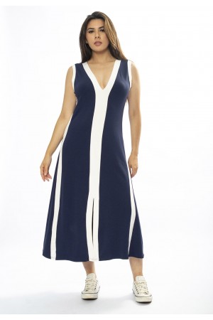Vestido Midi Fenda Frontal Color Block Azul Marinho