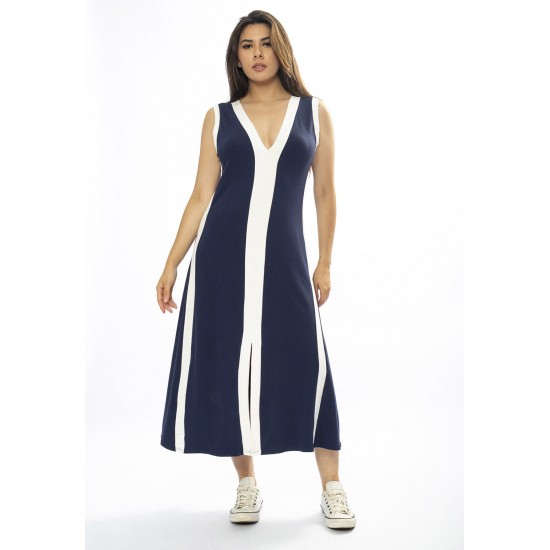 Vestido Midi Fenda Frontal Color Block Azul Marinho