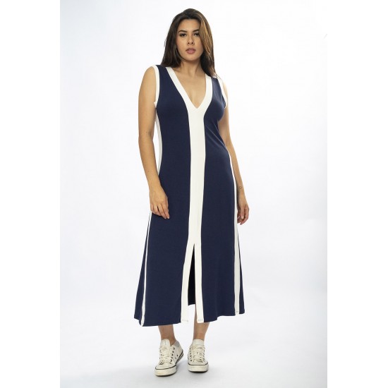Vestido Midi Fenda Frontal Color Block Azul Marinho